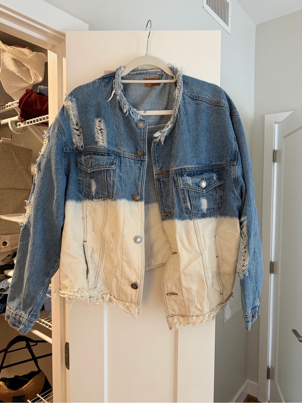 Distressed Two-Tone Denim Jacket - Blue & Cream